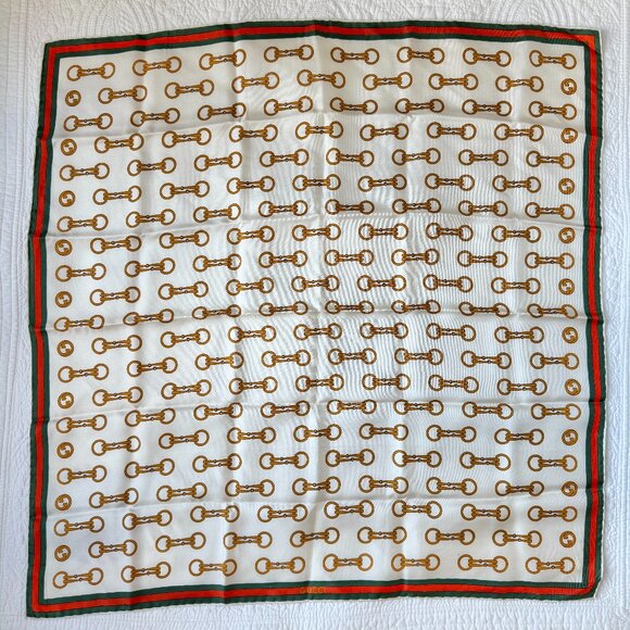 Gucci Vintage Silk Scarf Horsebit Snaffle Bit Red Green Stripe 26”x26” - Picture 1 of 6